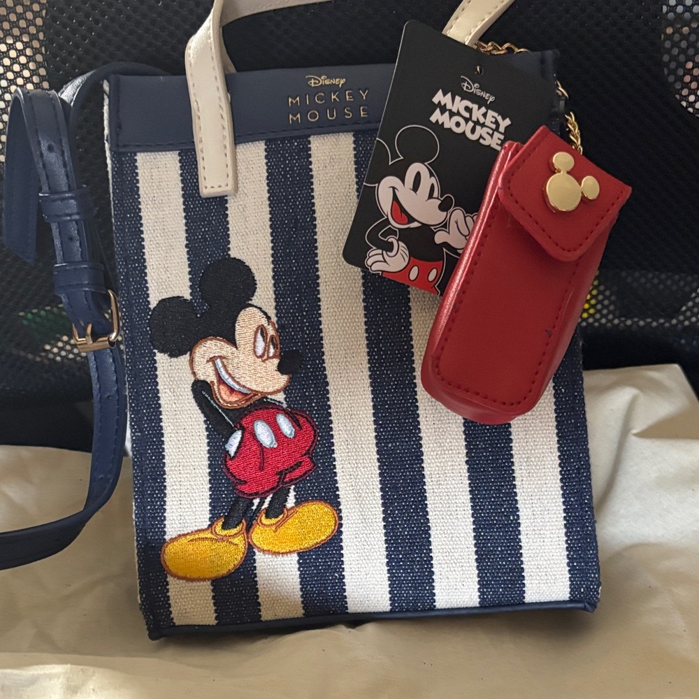 Disney Mickey Mouse Navy and White Striped Bag with Red Pouch